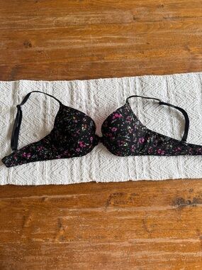 PINK Victoria's Secret Black Floral Underwire Bra with Pink Accents